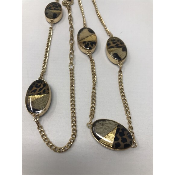 CHICO'S Necklace Animal Print Faux Fur Oval Beads Gold Tone Brown LONG Strand - Picture 3 of 11